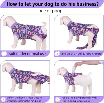 PetWarm Dog Post Surgery Suit Female Spay, Pet Recovery Suit for Dogs, Onesies for Dogs, Substitute E-Collar and Cone, Anti-Licking Dog Onesie for Surgery Female, Dinosaur Pattern, Purple, XS