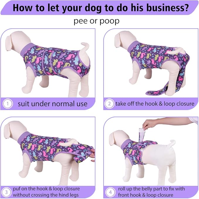 PetWarm Dog Surgery Suit, Surgical Recovery Suit for Dogs, Substitute E-Collar and Cone, Anti-Licking Pet Recovery Suit for Dogs, Dog Bodysuit, Dinosaur Pattern, Purple, L