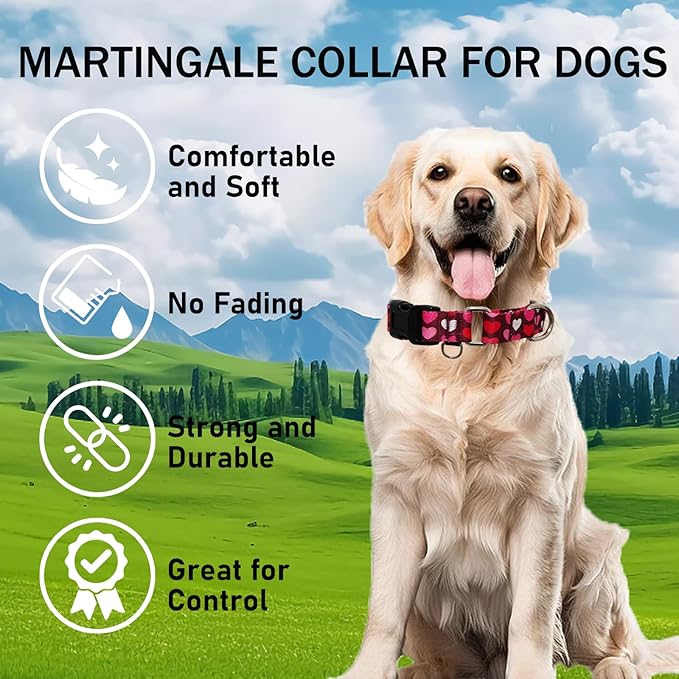Pink Martingale Collar for Dogs with Buckle Adjustable Heart Valentines Dog Collars (Burgundy Love, Medium)