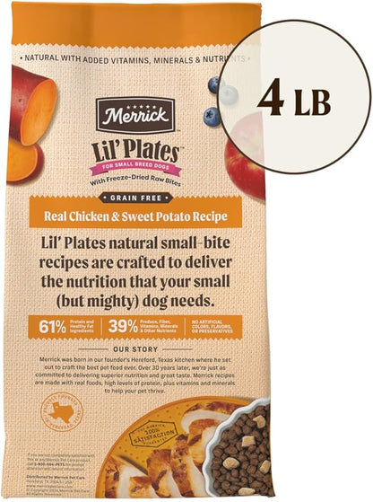 Merrick Lil’ Plates Grain Free Dry Dog Food For Small Dogs, Chicken And Sweet Potato Kibble With Raw Bites - 4.0 lb. Bag