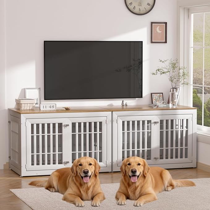 Snuowu 48" Heavy Duty Dog Crate Furniture for Small,Medium and Large Dogs,Rustic Wooden Dog Cage Kennel Indoor Furniture with Waterproof Top,Decorative Pet House Side End Table (White & Wood)