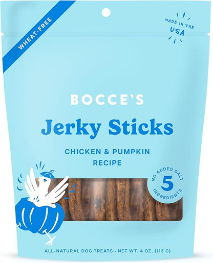 Bocce's Bakery Jerky Stick Dog Treats, Wheat-Free, Made with Limited-Ingredients, Baked in The USA with No Added Salt or Sugar, Natural & High-Protein, Chicken & Pumpkin, 4 oz