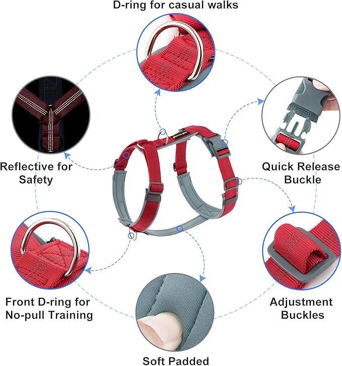 Plutus Pet No Pull Dog Harness, Adjustable Nylon Harness with Soft Padding, Reflective and Heavy Duty Dog Harness for Small, Medium, Large Dogs(Red, L)