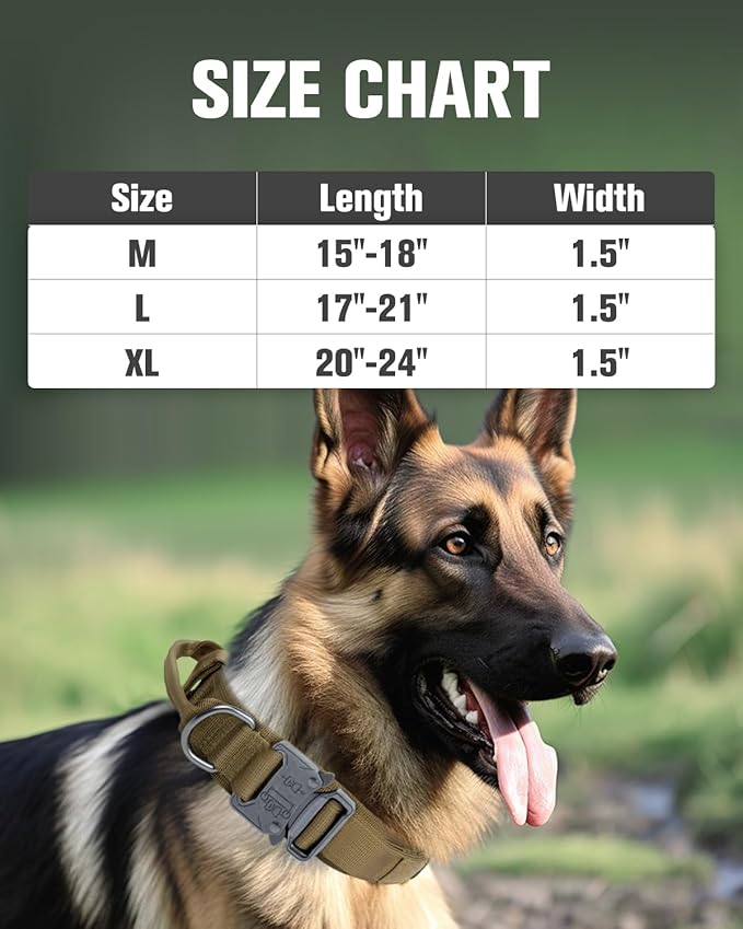 Joytale Tactical Dog Collar with Handle and Metal Buckle, Heavy Duty Padded Military Collar with 2 Patches for Training, Adjustable for Large Dogs, Khaki, L