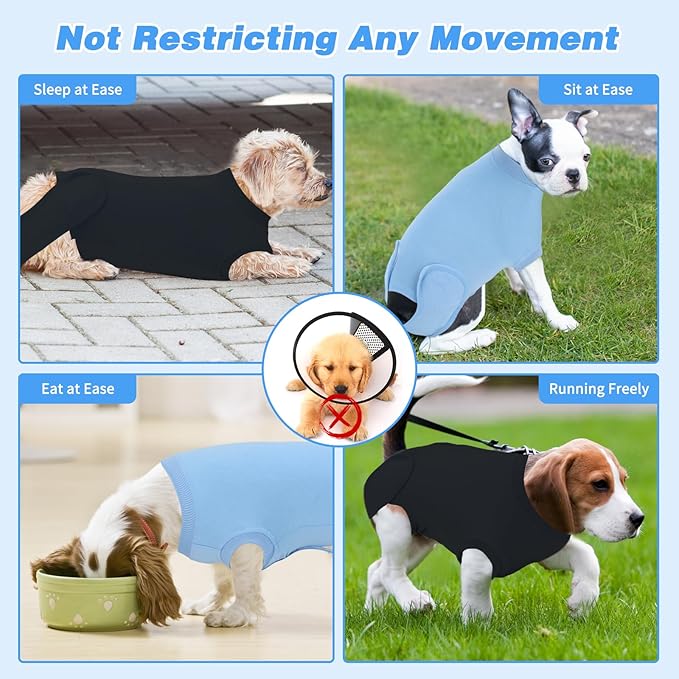 2 Packs Breathable Cotton Dog Recovery Suit for After Neuter Spay Abdominal Wounds Protector, Professional Anti-Licking Onesies for Male Female Pets Surgery Bandages, L Black Blue Pure