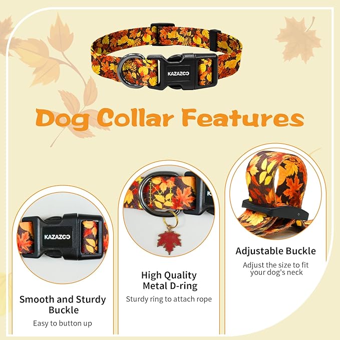 Kazazoo Dog Collar Cute and Soft Nylon Puppy Collar for Boy and Girl, Adjustable Dog Collars for Small Medium Dogs, Maple Leaf-XS