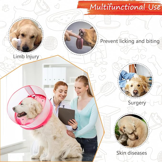 Inflatable Dog Cone Collar for Large Medium Small Dogs, Soft Dog Donut Collar Adjustable Recovery Cone for Pets After Surgery, Extra Enhanced Anti-Licking Guard Shield (Pink Donut, Medium)