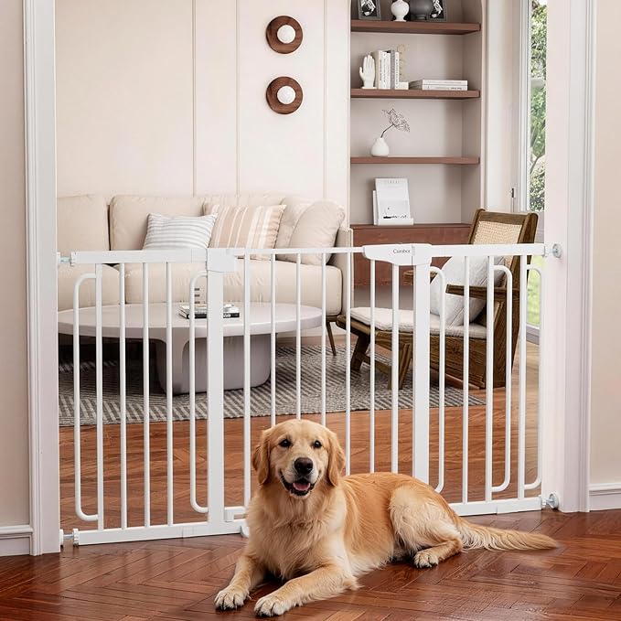 Cumbor 2-Pack Baby & Dog Gates Bundle, 29.7-48" & 30.4-56.8" Extra Wide Safety Gates for Stairs Doorways Hallways, Dual Lock Auto Close Easy Install Pet Gate, White