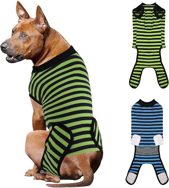 2 Packs Breathable Cotton Dog Recovery Suit for After Neuter Spay Abdominal Wounds Protector, Professional Anti-Licking Onesies for Male Female Pets Surgery Bandages, 2XL Blue & Green Stripes