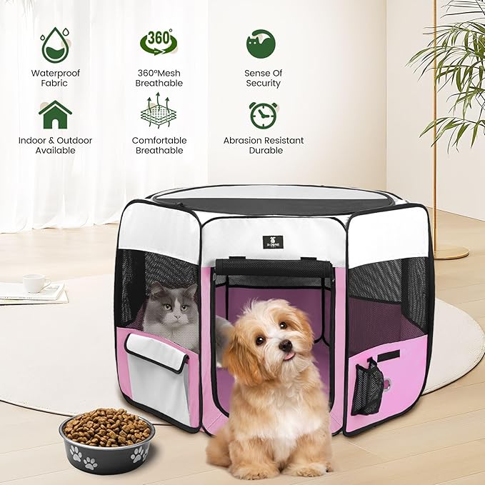 X-ZONE PET Dog Playpen Portable Pet Play Pens for Puppies, Cat, Rabbit, Chicks, Foldable Exercise Play Tent Kennel Crate, Indoor/Outdoor Travel Camping Pink Large