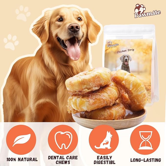 Pawmate Dog Treats Large Breed, Chicken Wrapped Rawhide Donut Rings, Rawhide Dog Chews Long Lasting, Grain Free Training Snacks with Taurine for Medium Large Dogs, 4 Counts
