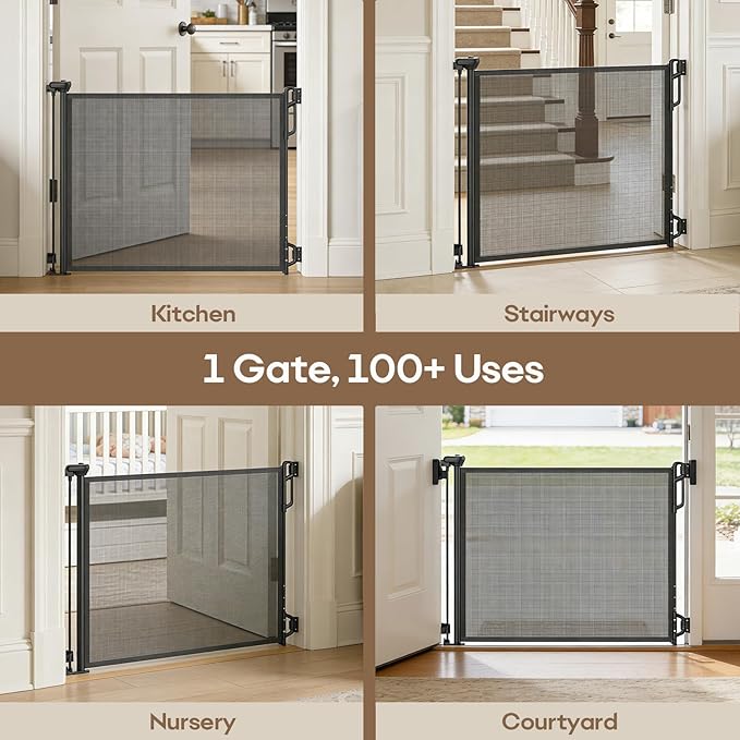 SPACEANY Retractable Safety Baby Gate or Mesh Dog Gate,Durable Portable Mesh Retractable Gate,Easy to Use for Stairs, Doorways, Hallways, Indoor, Outdoor, 33.5" Tall, Up to 45" Wide, Black