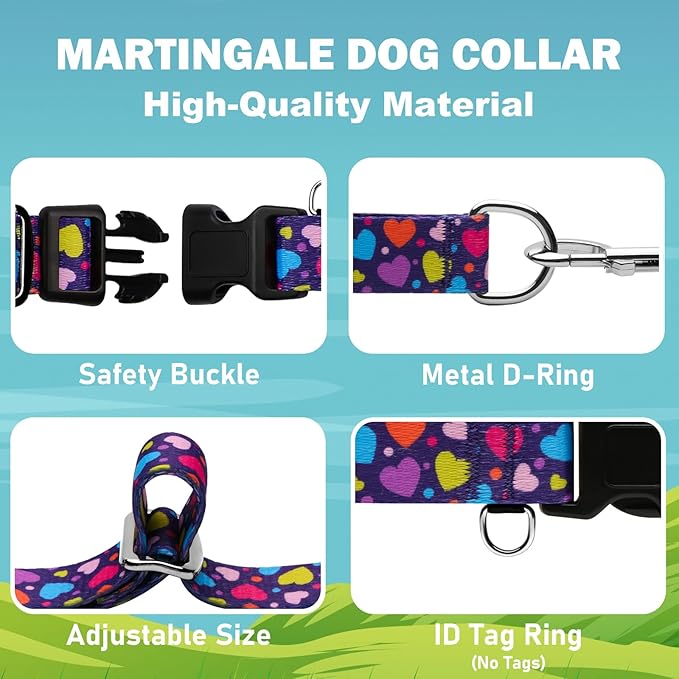 Valentines Martingale Collar for Dogs with Buckle No Pull Adjustable Nylon Limited Slip Training Dog Collars (Purple Love, Large)