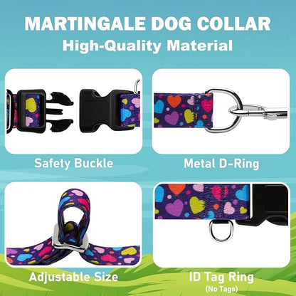 Valentines Martingale Collar for Dogs with Buckle No Pull Adjustable Nylon Limited Slip Training Dog Collars (Purple Love, Medium)