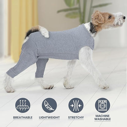 IDOMIK Dog Recovery Suit,Dog Leg Sleeve to Stop Licking Rear Legs,Thigh Wound Protective Sleeve,Male Female Pet Surgical Clothes,Doggy Surgical Suit with Pants Cover,Cone Collar Alternative,Grey,M