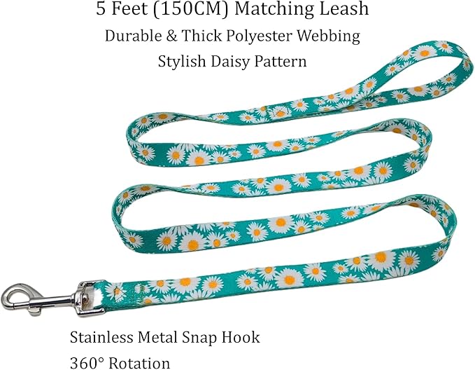 Dog Collar and Leash Set, Cute Daisy Pattern, Polyester Material, 5ft Leash, for Medium Dogs.(Medium,Green Daisy)