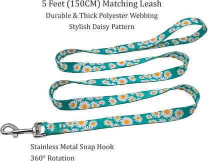 Dog Collar and Leash Set, Cute Daisy Pattern, Polyester Material, 5ft Leash, for Medium Dogs.(Medium,Green Daisy)