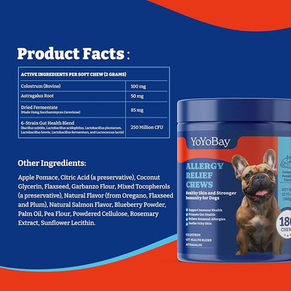 Dog Allergy Relief Chews – 180 Soft Chews, Salmon & Blueberry Flavor - Immune Support & Itch Relief with Colostrum, Astragalus Root, 6-Strain Gut Health Blend