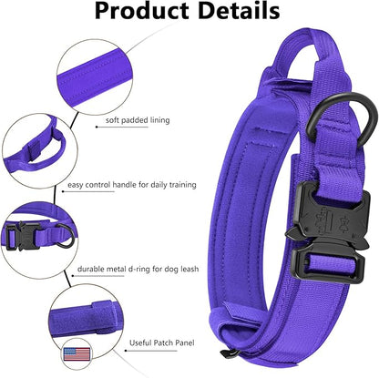 DAGANXI Tactical Dog Collar, Adjustable Military Training Nylon Dog Collar with Control Handle and Heavy Metal Buckle for Medium and Large Dogs, with Patches and Airtags Case (Purple-Set, M)