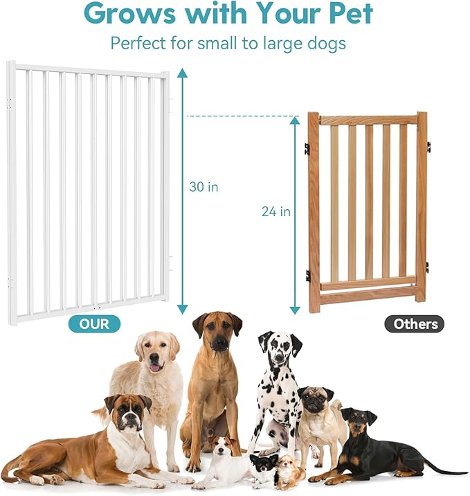 No Pawblems Free Standing Dog Gate with Door, 30'' Tall Foldable Dog Fence for Indoor & Outdoor, Up to 208 Inch Extra Wide Puppy Gate for Stairs, Hallways, Doorways, Deck, Yard (White, 8 Panels)