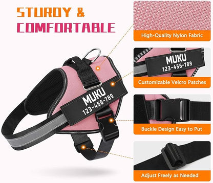 MUMUPET Custom Dog Harness Vest with 2 Personalized Name & Phone Patches, No Pull Reflective Adjustable with Handle, Soft Breathable Padding for Small Dogs (Pink, S)