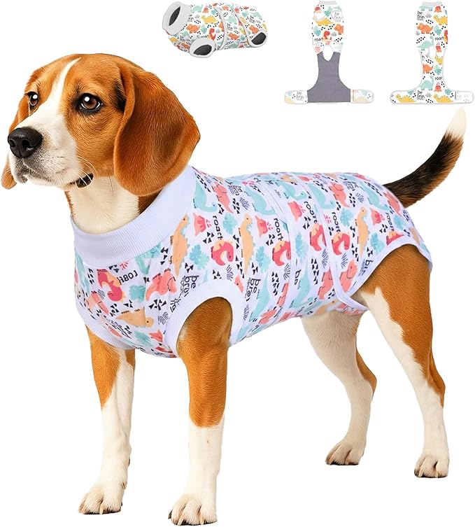 PetWarm Male Dog Recovery Suit for After Neuter Surgery, Onesies for Dogs, E Collar Alternative, Dogs After Surgery, Anti-Licking Recovery Suit Soft Dog Bodysuit, Dinosaur Pattern, White, S