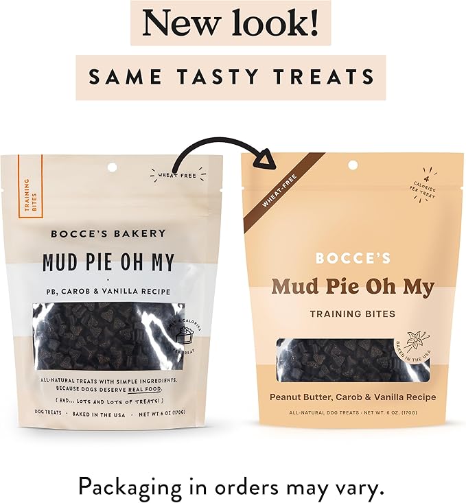 Bocce's Bakery Mud Pie Oh My Training Treats for Dogs, Wheat-Free Dog Treats, Made with Real Ingredients, Baked in The USA, Natural & Low Calorie Training Bites, PB, Carob, & Vanilla Recipe, 6 oz