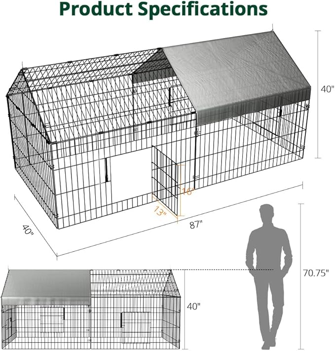 PawGiant Chicken Coop, Chicken Run Pen for Yard with Cover Outdoor Metal Portable Chicken Tractor Cage Enclosure Crate Outside for Small Animals Duck Rabbit Hen 86"×40"
