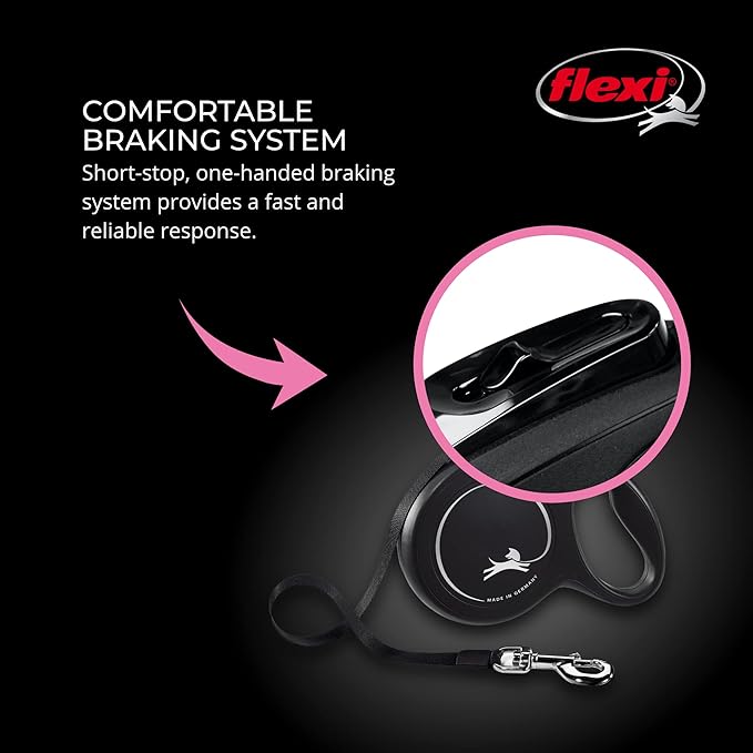 FLEXI New Classic Cord Retractable Dog Leash for Medium Dogs up to 44 lbs. – 26 ft., Black | Tangle-Free Pet Walking Leash with One-Handed Brake, Pause, Lock | German Quality Product