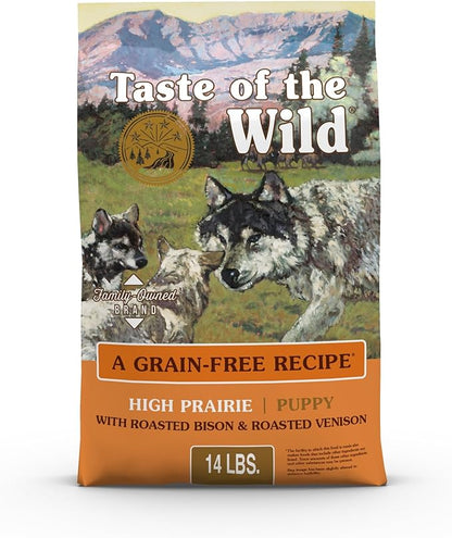 Taste of the Wild High Prairie Canine Grain-Free Recipe with Roasted Bison and Venison Dry Dog Food for Puppies, Made with High Protein from Real Meat and Guaranteed Nutrients and Probiotics 14lb
