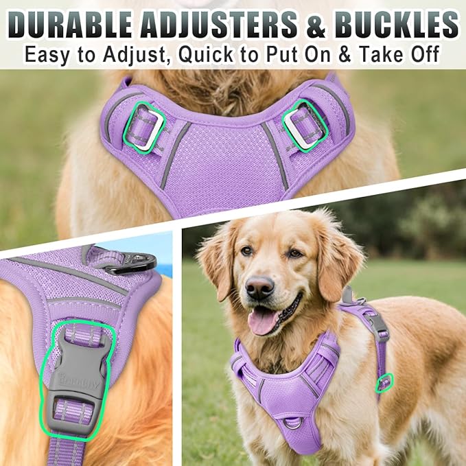 BARKBAY No Pull Dog Harness Large Reflective Dog Harness with Front Clip and Easy Control Handle for Walking Training Running with ID tag Pocket(Violet Purple,XL)