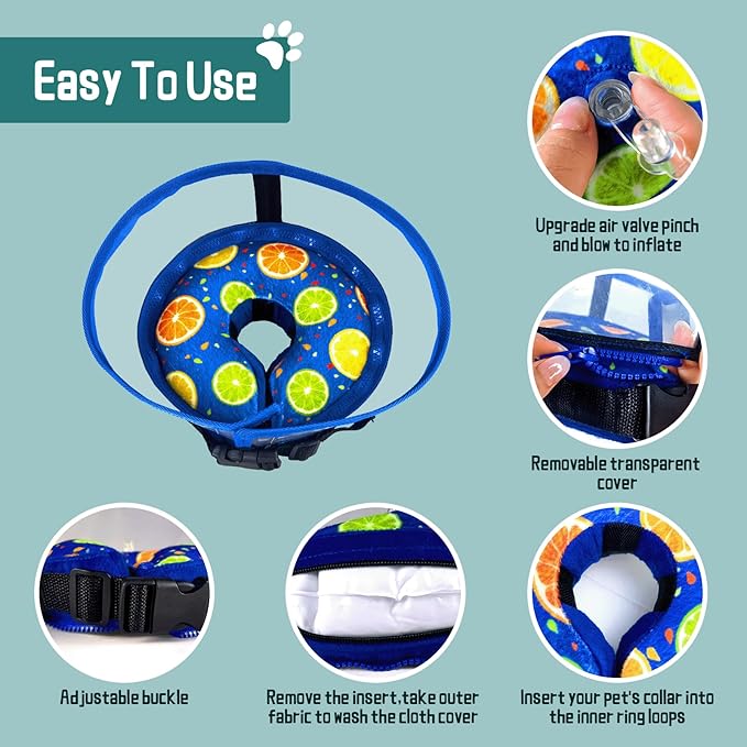 Ovatt PVC inflatable pet collar for small medium and large dogs after surgery ，Washable Dog Cone Collar w/Removable Hard Cone for Dogs After Surgery (Lemon, S)