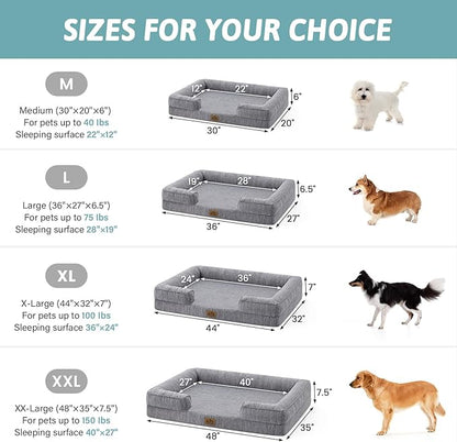 Cooling Dog Bed for Large Medium Size Dogs, Q-Max >0.4 Summer Cool Orthopedic Pet Sofa Bed with Sides, Bolster Anti-Slip Couch with Washable Removable Cover, L 36x27x6.5 inch, Dark Grey