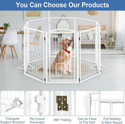 Metal Freestanding Dog Gate with Cat Door for Indoor/Outdoor,160" Extra Wide Foldable Pet Gate,32" Tall Foldable Indoor Dog Fence for Large Openings Stairs,Deck,Yard,Doorways(8 Panels,White)