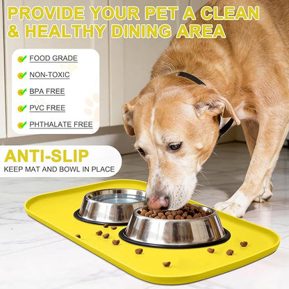 Smilool Silicone Pet Food Mat with Raised Edge for Food and Water Bowl, Dog Feeding Mats, Cat Food Trays for Floor Waterproof, Rubber Tray for Dogs and Cats, 19 x 12 x 0.7 Light Yellow