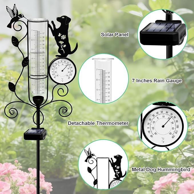 YJFWAL Dog Rain Gauge Outdoor, Decorative Metal Hummingbird Solar Rain Gauge with LED Light and Thermometer, Garden Decor for Yard, Lawn, Pathway, Farm