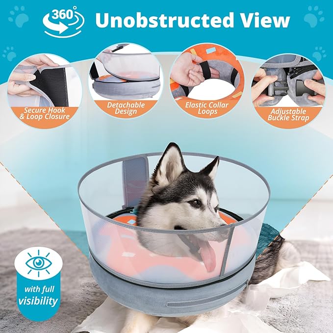 Inflatable Dog Cone with Transparent Shield, Protective Dog Donut Collar After Surgery to Stop Licking, Soft Donut Cone for Large Pets, Adjustable Recovery Collar with Buckle Visibility
