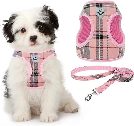KOOLTAIL Dog Harness for Small Medium Dogs ,Dog Harness and Leash Set, Step in No Pull Soft Mesh Padded Adjustable and Reflective Pet Vest Harness Puppy, Plaid Extra Harness for XS S Dogs, Pink M