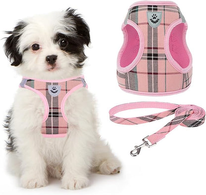 KOOLTAIL Small Dog Harness and Lead Set, Soft Mesh Plaid Puppy Harness with Safety Buckle, Adjustable & Comfortable Padded Reflective Vest for Puppies and Small Breeds Dogs Walking,Pink,X-Small