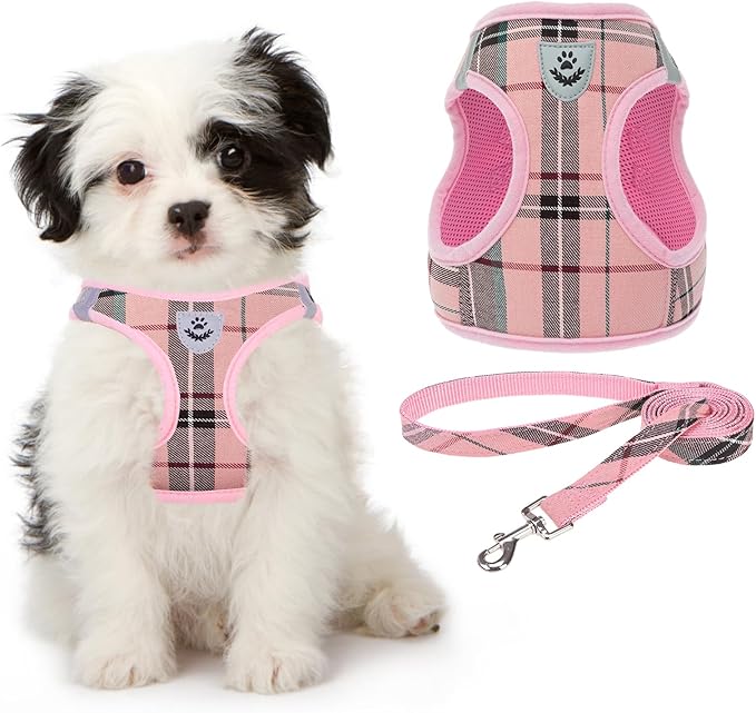 KOOLTAIL Dog Harness for Small Medium Dogs ,Dog Harness and Leash Set, Step in No Pull Soft Mesh Padded Adjustable and Reflective Pet Vest Harness Puppy, Plaid Extra Harness for XS S Dogs, Pink S