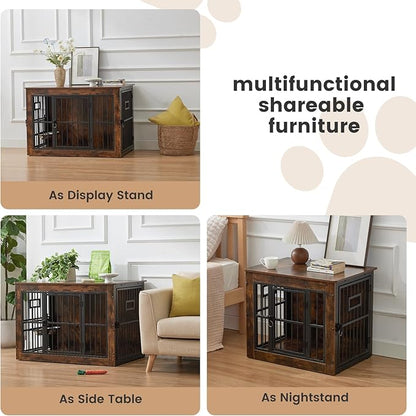 32 Inch Heavy Duty Dog Crate Furniture for Medium/Small Dogs, Decorative Pet House End Table with 3 Doors & Adjustable Bowls, Wooden Cage Kennel Furniture Indoor, Rustic Brown
