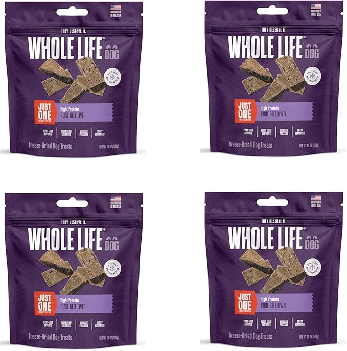 Whole Life Dog Just One Beef Liver Freeze Dried Dog Treats - Human Grade High Protein Food, Healthy Training Snacks, Freeze Dried Food Toppers, USA Made Natural Treats - 18 oz (Pack of 4)
