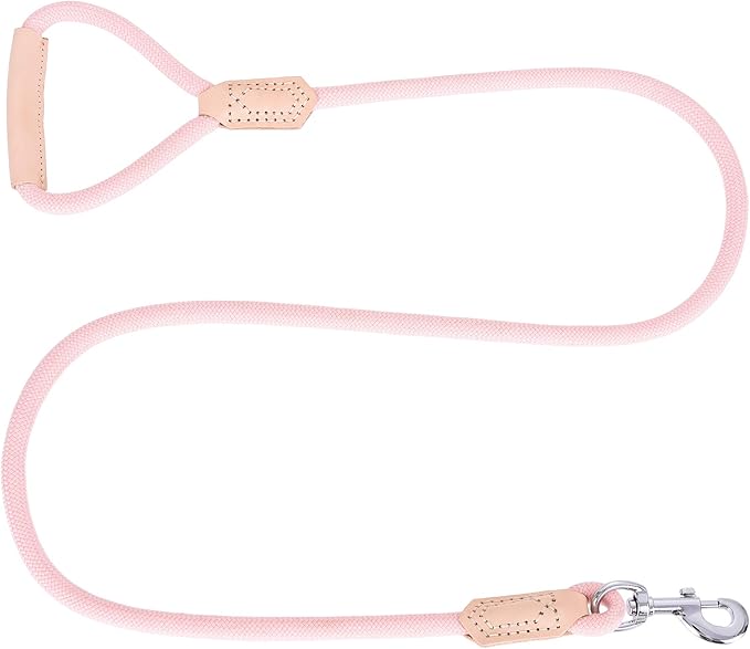 Mile High Life | Premium Leather Dog Leash | Strong Rope Leash | Leather Handle | Zinc Alloy Strong Clasp | Small Medium Large Dogs | 4/5/6 Feet(Pink, 60 Inch (Pack of 1))