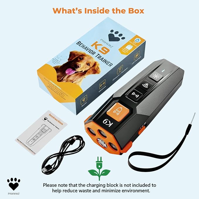 K9 Dog bark Deterrent – Humane Way - No-Shock Dog Barking Deterrent & Trainer - 2 in 1 Trainer and Powerful LED Flashlight - Rechargeable - IPX4 Water Resistance, Indoor, Outdoor Use