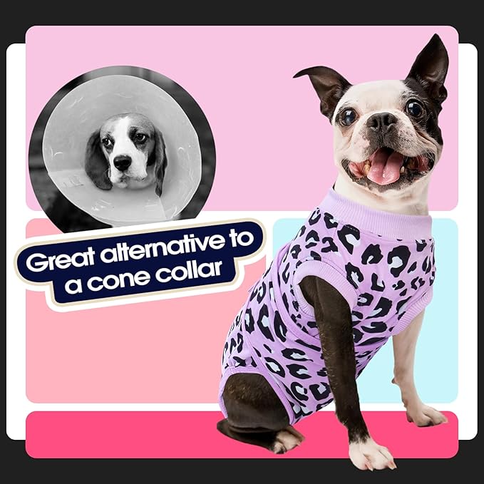 FUAMEY Recovery Suit for Dogs After Surgery,Soft Breathable Dog Bodysuit E-Collar & Cone Alternative Surgical Suit,Male Female Dog Neuter Spay Suits Anti Licking Wounds Onesie Purple Leopard XS
