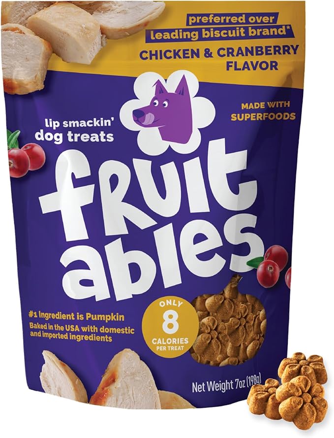 Fruitables Baked Dog Treats, Healthy Pumpkin Treat for Dogs, Low Calorie & Delicious, Made Without Wheat, Corn and Soy, Made in The USA, Allergy Friendly, Chicken and Cranberry Flavor, 7 oz