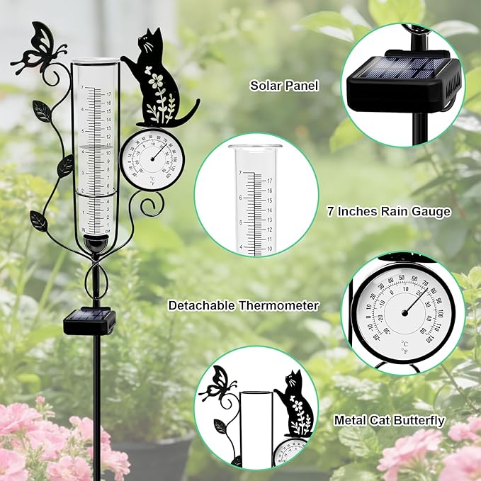 YJFWAL Cat Rain Gauge Outdoor, Decorative Metal Butterfly Solar Rain Gauge with LED Light and Thermometer, Garden Decor for Yard, Lawn, Pathway, Farm