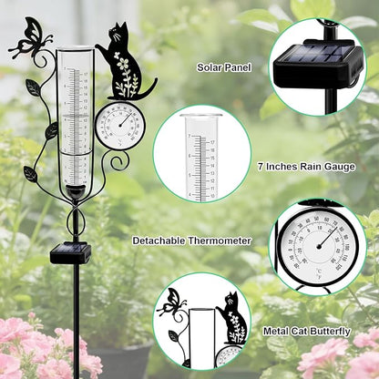YJFWAL Cat Rain Gauge Outdoor, Decorative Metal Butterfly Solar Rain Gauge with LED Light and Thermometer, Garden Decor for Yard, Lawn, Pathway, Farm