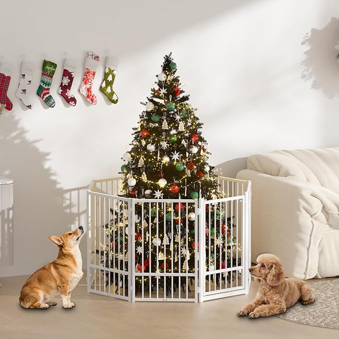 SNUOWU Full Metal Freestanding Dog Gate with Door, 32''Height Foldable Pet Dog Fence for Indoor & Outdoor, 8 Panels Extra Wide Free Standing TallDog Gates for Doorways,House,Stairs,Porch,Deck,Yard