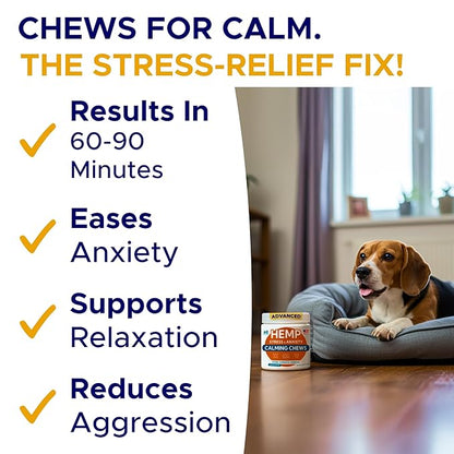 Advanced Calming Chews for Dogs - Hemp Treat + Melatonin + Valerian - Relaxing Bites - Calming Care - Stress Relief - Made in USA - Calm, Sleep Aid, Storms - 60Ct